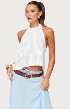 Edikted | Ivey Backless Chunky Crotchet White Scalloped Halter Open Back Top